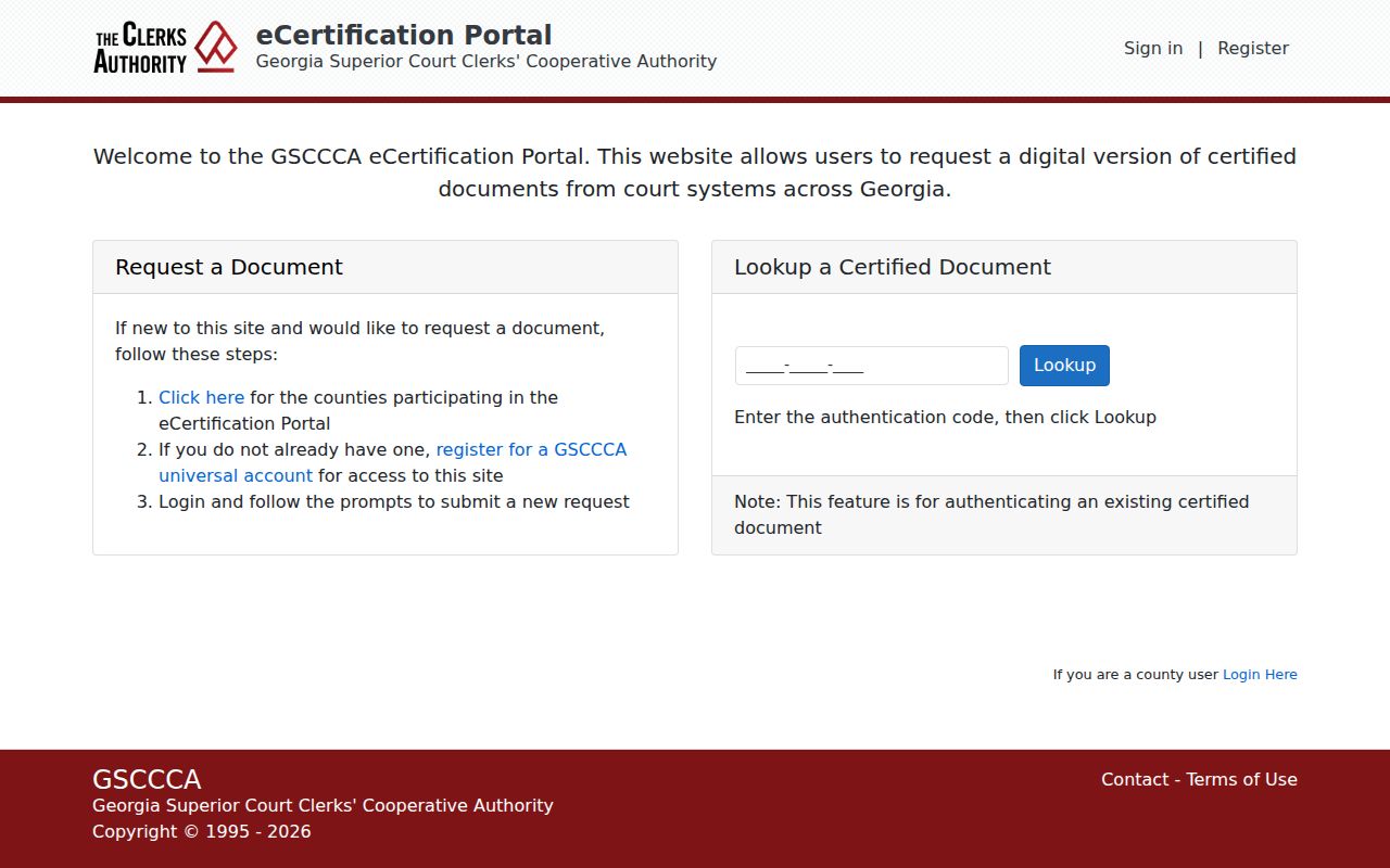 GSCCCA eCertification portal for certified Haralson court documents