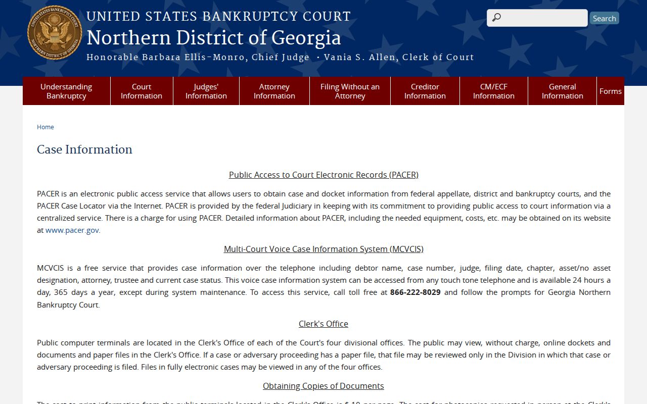 Northern District of Georgia Bankruptcy Court case information options